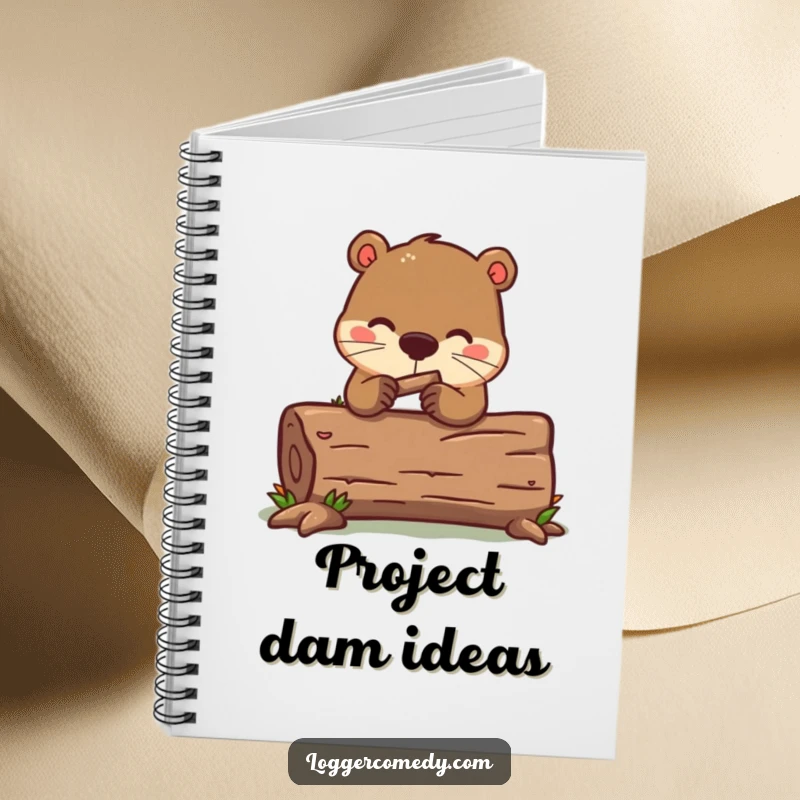 Funny kawaii beaver notebook, humorously gnawing on a log, ideal for jotting down plans and funny ideas.