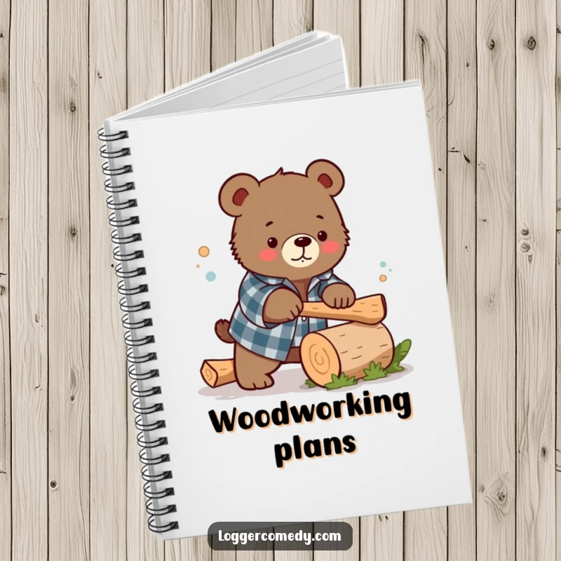 Funny Kawaii bear wearing a flannel shirt, humorously chopping a small log, on the cover of a notebook, inspiring creative and humorous ideas.