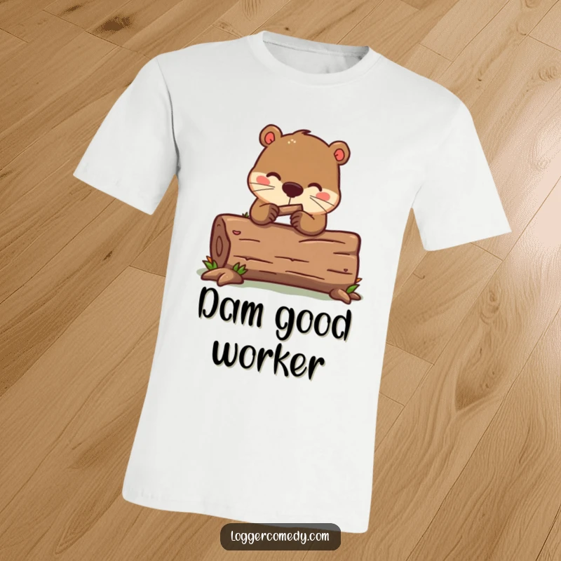Funny kawaii beaver t-shirt, humorously depicted gnawing on a log, showcasing dedication with a cute and funny vibe.