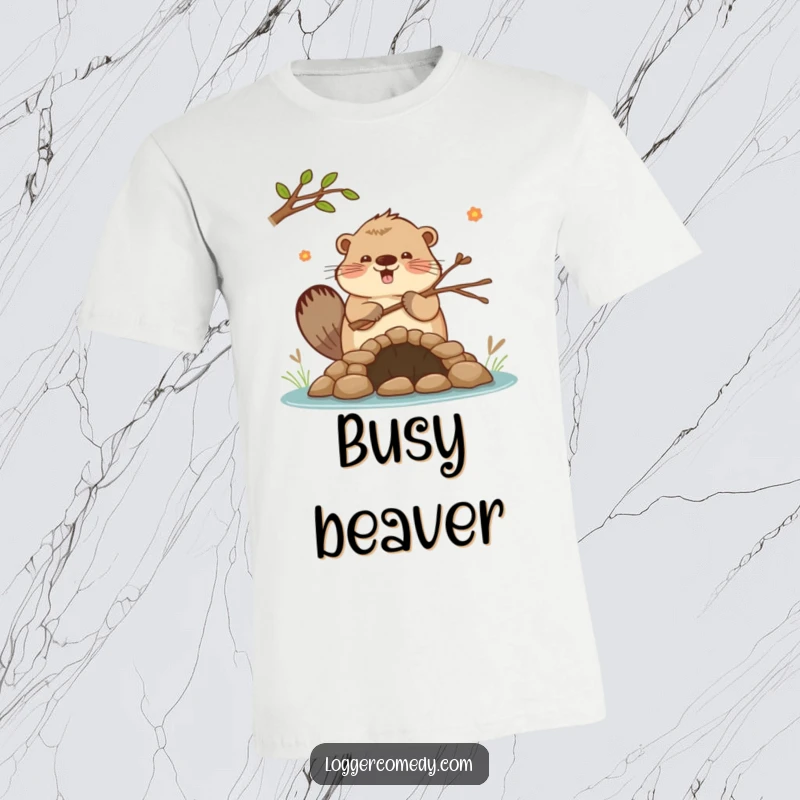 Funny Kawaii beaver enthusiastically building a small dam with twigs, depicted on a t-shirt, celebrating industriousness and fun.