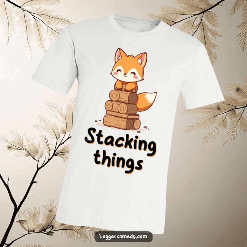 Funny adorable fox t-shirt, humorously stacking logs neatly, showcasing organization with a cute and funny woodland theme.