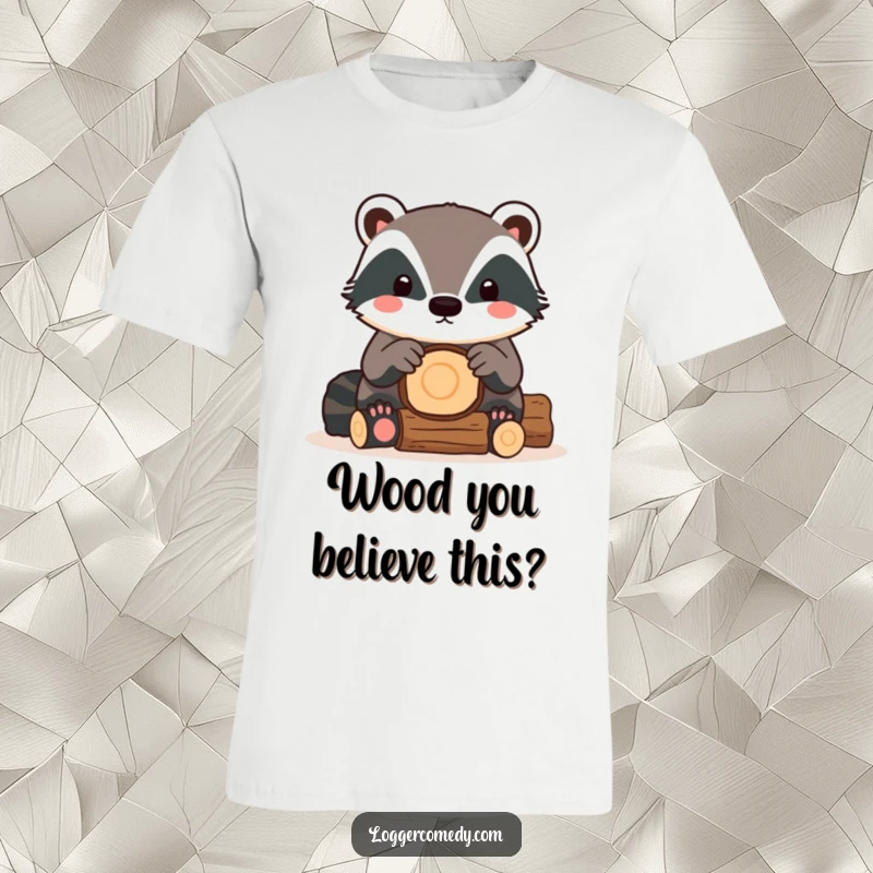 Funny Kawaii Badger T-Shirt featuring a charming badger intently stacking logs, radiating a cute and focused woodland vibe.
