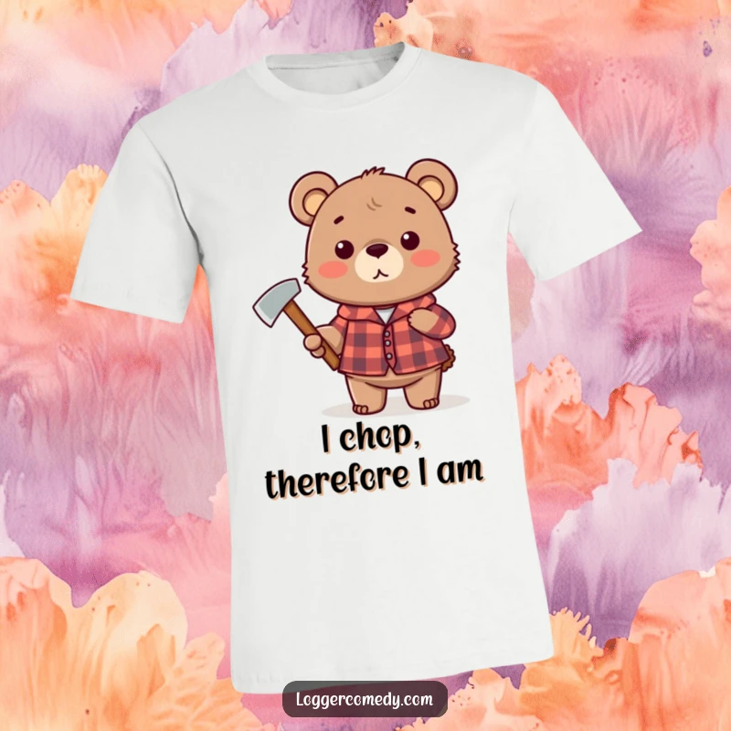 Funny plaid bear t-shirt, dressed in a checkered shirt, humorously gripping an axe, embodying a rugged and funny spirit.
