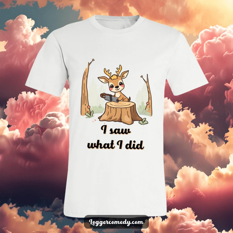 Funny smiling deer t-shirt, humorously operating a saw on a stump, bringing a playful and funny woodland scene.