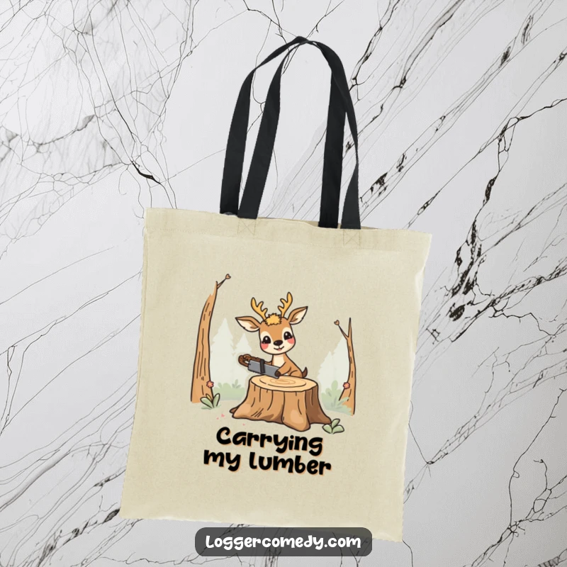 Funny smiling deer tote bag, humorously cutting a stump with a saw, a charming and funny accessory for everyday use.