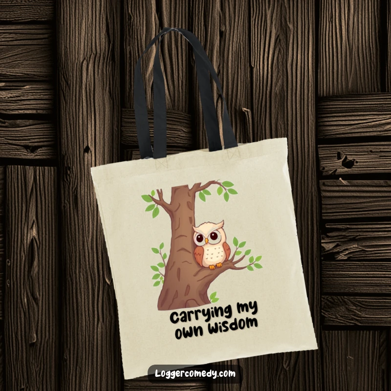 Funny shy owl tote bag depicting a cute owl peeking from a tree near logs, ideal for carrying essentials with style.