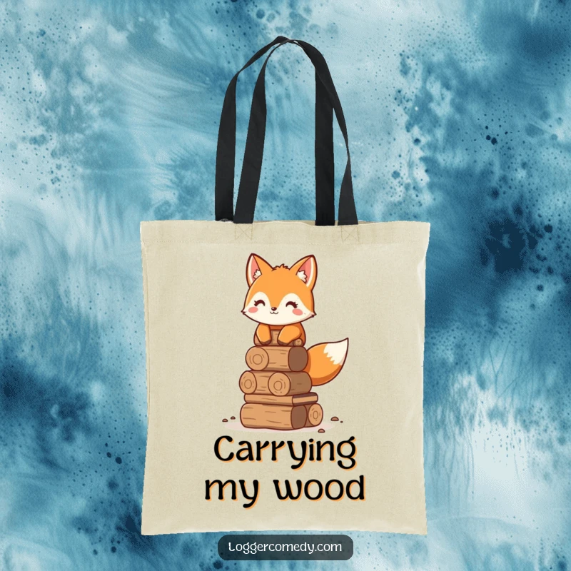 Funny adorable fox tote bag, humorously stacking logs neatly, perfect for carrying necessities with a charming and organized vibe.