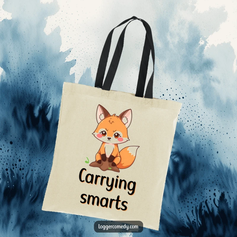 Funny Kawaii fox with a determined look measuring a tree trunk, on a durable tote bag, perfect for carrying essentials with focus and charm.