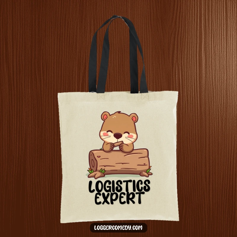 Funny kawaii beaver tote bag, humorously gnawing on a log, perfect for carrying necessities with a busy and charming vibe.